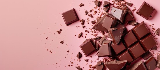 Aufkleber - Broken chocolate bar isolated. Milk chocolate square pieces, cubes, small bloks pile, choco segments stack on pastel background top view. with copy space image. Place for adding text or design
