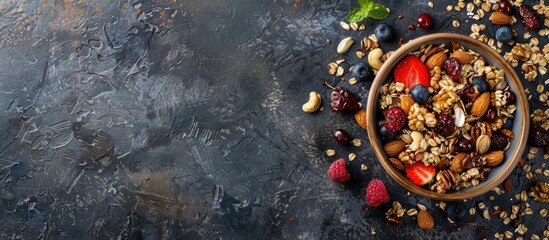 Aufkleber - Paleo style breakfast: gluten free and oat free muesli made with nuts, dried berries and fruits, top view. Copy space image. Place for adding text or design