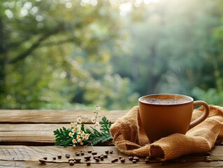 Sticker - Steaming Cup of Black Coffee on Rustic Wooden Table with Forest Backdrop