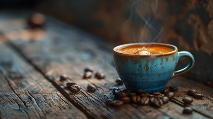 Poster - Steaming Espresso on a Rustic Wooden Table with Scattered Coffee Beans