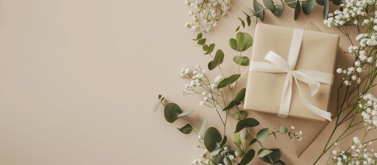 Poster - Greeting card mockup with gift box, envelope and eucalyptus and gypsophila twigs on beige background. Card mockup with copy space.