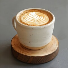 Sticker - Flat White Coffee with Latte Art on Wooden Coaster in Cafe Setting