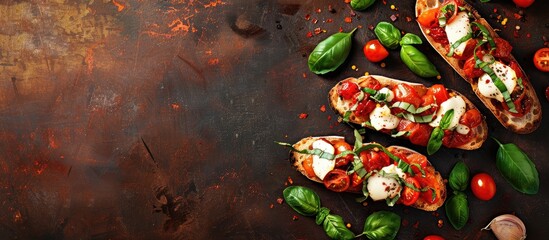 Wall Mural - Bruschetta with roasted tomatoes, mozzarella cheese, garlic and basil. Copy space image. Place for adding text or design