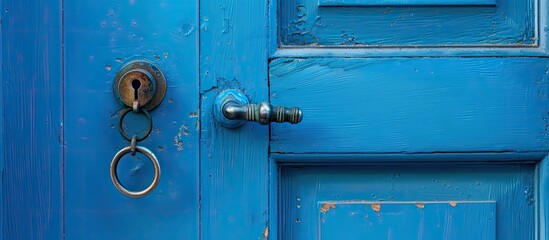 Poster - Metal handle and keyhole of blue entrance door. with copy space image. Place for adding text or design
