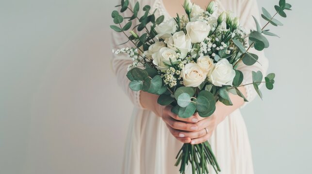 bridal beauty with an Oriental bride holding a bouquet of white roses and eucalyptus against a softly lit background.