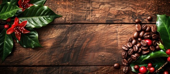 Aufkleber - Coffee beans with real coffee fruits, flowers and leaves on wooden table close up. Red coffee beans and flower on a branch of coffee tree. Copy space image. Place for adding text or design