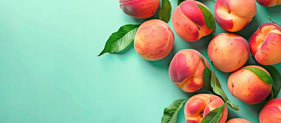 Fototapete - Colorful fruit pattern of fresh peaches on green pastel background. Copy space image. Place for adding text or design