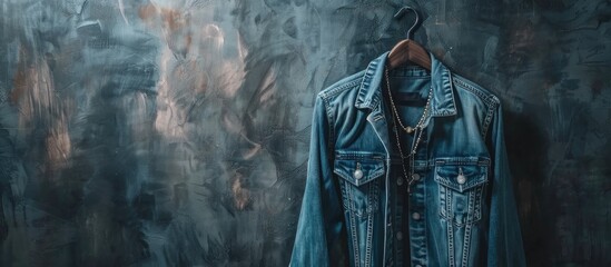 Poster - Denim shirt and necklace on hanger on wall background. with copy space image. Place for adding text or design
