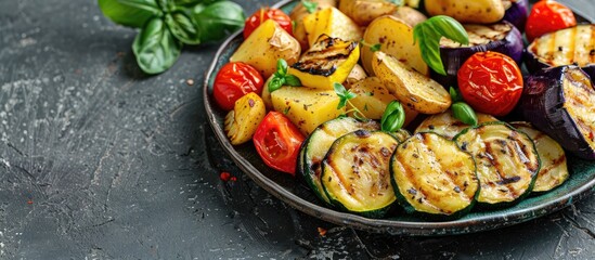Aufkleber - Baked vegetables: potato, zucchini, eggplant on plate. Vegetarian food. Copy space image. Place for adding text or design