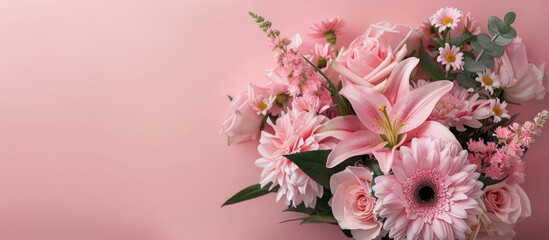 Aufkleber - Florist bouquet of cut pink lily, rose, carnation, daisy flowers. pastel background. with copy space image. Place for adding text or design