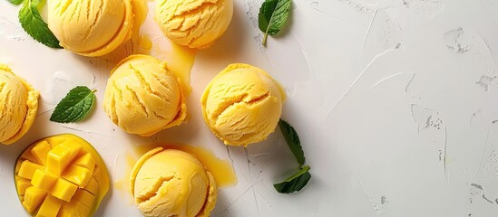 Poster - Creative layout made of mango ice cream on the white background. Flat lay. Food concept. Macro concept. Vegan ice ream. Copy space image. Place for adding text or design