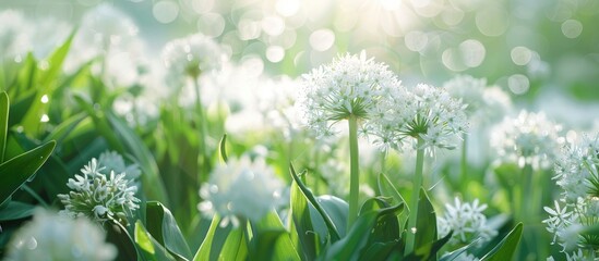 Wall Mural - field of wild garlic bear garlic pastel background  Flower. with copy space image. Place for adding text or design