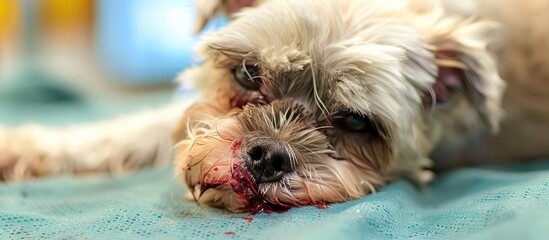 Poster - An ulcerated dew claw which shows a bleeding deep hole in a 14-year-old Shih Tzu dog is seen at Toa Payoh Vets surgery. Copy space image. Place for adding text or design