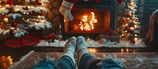 Poster - Girl legs in socks near the fireplace with a little christmas tree. Winter holiday concept. Cozy relaxed magical atmosphere. with copy space image. Place for adding text or design