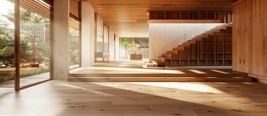 Poster - Entrance hall of a house with floating wooden floors with matching wooden carpentry. with copy space image. Place for adding text or design