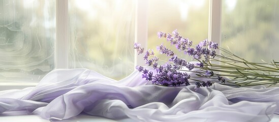 Aufkleber - lavender on the fabric on the window sill pastel background. with copy space image. Place for adding text or design