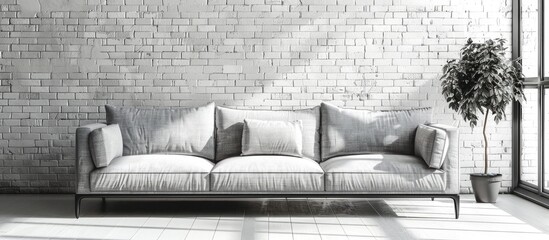 Poster - Stylish sofa near white brick wall with space for text. with copy space image. Place for adding text or design