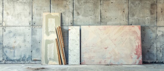 Poster - Drywall pieces and sheathing leaning on wall at a construction site. with copy space image. Place for adding text or design