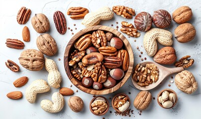 mix of various nuts in wooden bowl over white table