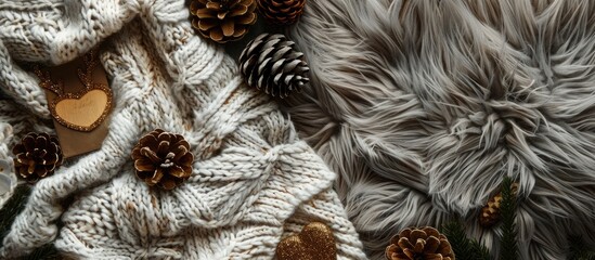 Poster - Knited sweater, pine cones, golden heart and reindeer over cozy and fur carpet. Top view. with copy space image. Place for adding text or design