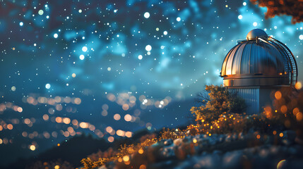 Wall Mural - A large telescope is on a rocky hillside, with a clear night sky above it