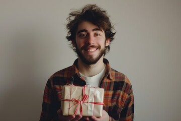 Poster - Portrait of a joyful man in his 20s holding a gift isolated in minimalist or empty room background