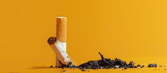 Leinwandbilder - A cigarette that has been burned, on a yellow background. with copy space image. Place for adding text or design