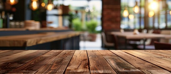 Aufkleber - Empty wooden table and blurred cafe interior background. with copy space image. Place for adding text or design