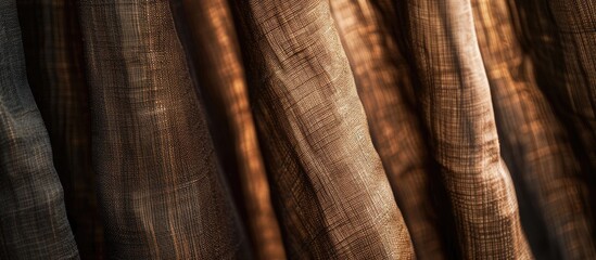 Poster - Closeup view of curtain in thin and thick vertical folds made of dense fabric.Textured materials and textiles abstract backgrounds. with copy space image. Place for adding text or design