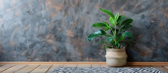Aufkleber - Green Plant on Wood Table with Geometric Rug. with copy space image. Place for adding text or design