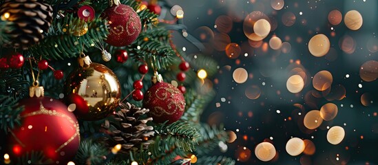 Wall Mural - Christmas tree decorated with red toys, ornaments, pine cones, beads bokeh lights dark close-up. with copy space image. Place for adding text or design