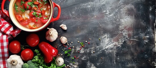 Aufkleber - Big red pot for soup with vegetables. Copy space image. Place for adding text or design