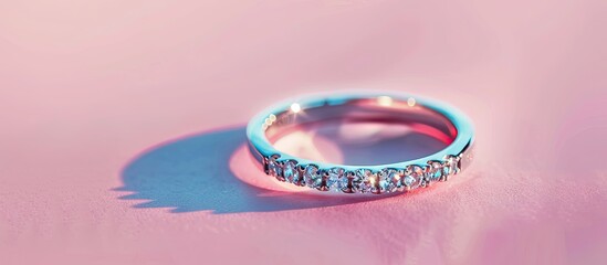 Poster - Casual style white gold ring with diamonds Isolated on pastel background. Silver wedding ring band with gemstones. with copy space image. Place for adding text or design