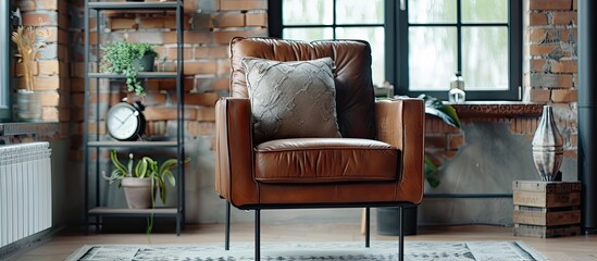 Poster - Leather armchair with fabric pillow in the living room. with copy space image. Place for adding text or design