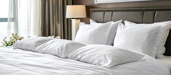 Wall Mural - Clean white sheets and pillows on a bed. with copy space image. Place for adding text or design