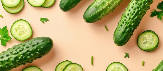 Poster - Fresh cucumbers, whole and sliced pastel background. with copy space image. Place for adding text or design