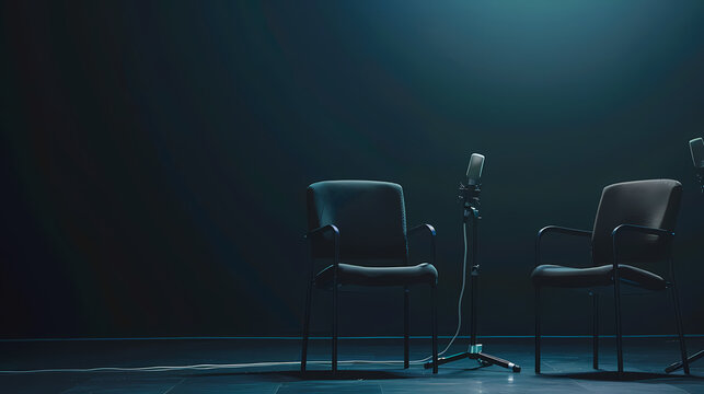 two chairs and microphones in podcast or interview room isolated on dark background as a wide banner for media conversations or podcast streamers concepts with copyspace 
