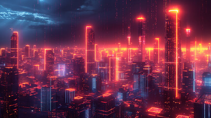 Wall Mural - A cityscape with tall buildings lit up in red and orange