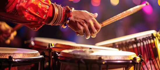 Poster - Percussionist. Performance at concert. Copy space image. Place for adding text or design
