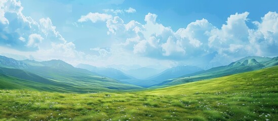 Wall Mural - summer mountains green grass and blue sky landscape. with copy space image. Place for adding text or design