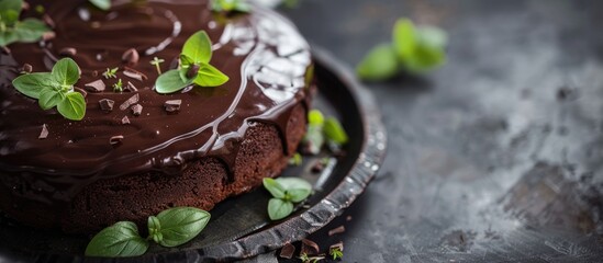 Fototapete - Close up of delicious home made vegan chocolate cake decorated with Melissa green leaves. Vegetarian birthday pastry. Copy space image. Place for adding text or design
