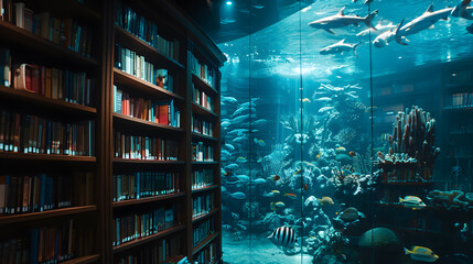 Wall Mural - A large aquarium with a library inside