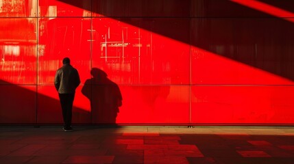 Sticker - A man stands in front of a red wall, looking at the wall