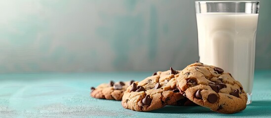 Wall Mural - Group of homemade Chocolatechip cookies on the cement table with glass of milk. pastel background. with copy space image. Place for adding text or design