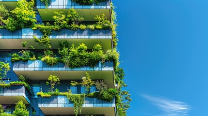 sustainable luxury with a green building adorned with vertical gardens and balconies filled with lush plants against a backdrop of a clear blue sky in the city.