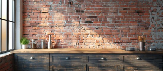 Aufkleber - Empty space on the kitchen counter and brick wall. with copy space image. Place for adding text or design