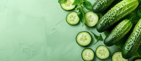 Fresh cucumbers, whole and sliced pastel background. with copy space image. Place for adding text or design