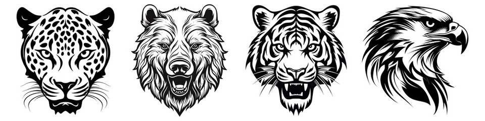 Poster - Animal head tattoo illustration png cut out element set