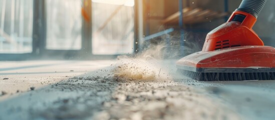 Poster - construction cleaning service. dust removal with vacuum cleaner. Copy space image. Place for adding text or design
