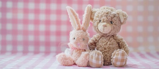 Poster - teddy bear, plush hare, soft toys, series, pastel background, checkepastel background. with copy space image. Place for adding text or design